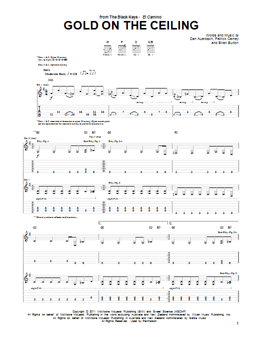 The Black Keys Gold On The Ceiling Sheet Music Notes & Chords for Guitar Tab Play-Along - Download or Print PDF