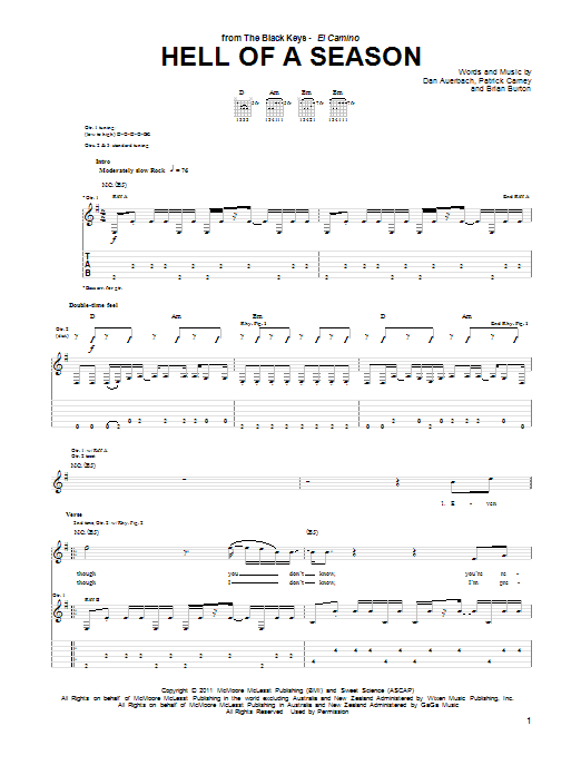 The Black Keys Hell Of A Season Sheet Music Notes & Chords for Guitar Tab - Download or Print PDF
