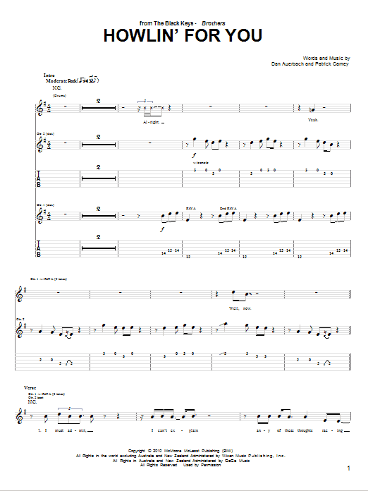 The Black Keys Howlin' For You Sheet Music Notes & Chords for Piano, Vocal & Guitar (Right-Hand Melody) - Download or Print PDF