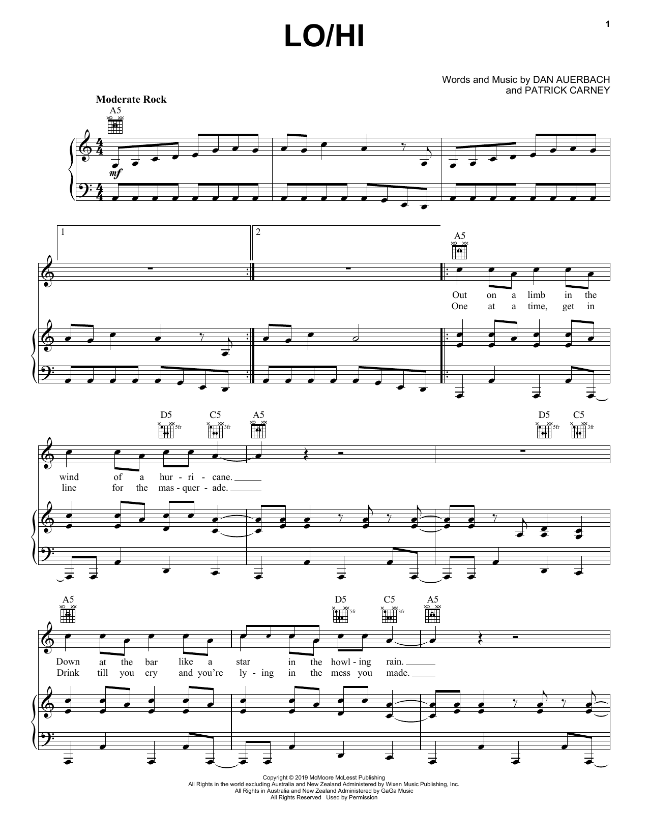 The Black Keys Lo/Hi Sheet Music Notes & Chords for Piano, Vocal & Guitar (Right-Hand Melody) - Download or Print PDF