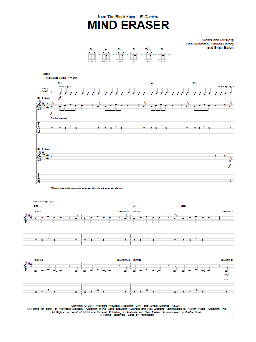 The Black Keys Mind Eraser Sheet Music Notes & Chords for Guitar Tab - Download or Print PDF