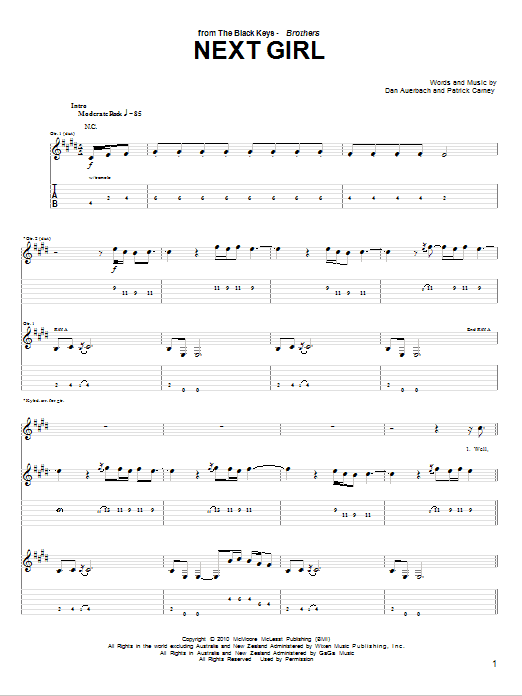 The Black Keys Next Girl Sheet Music Notes & Chords for Guitar Tab - Download or Print PDF