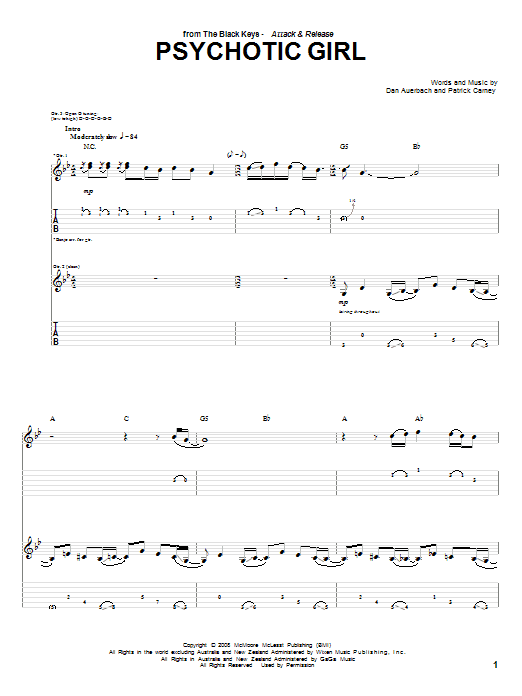 The Black Keys Psychotic Girl Sheet Music Notes & Chords for Guitar Tab - Download or Print PDF