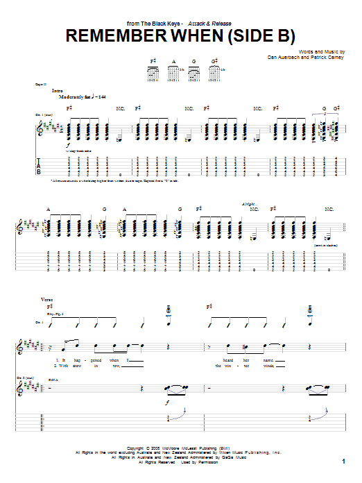 The Black Keys Remember When (Side B) Sheet Music Notes & Chords for Guitar Tab - Download or Print PDF