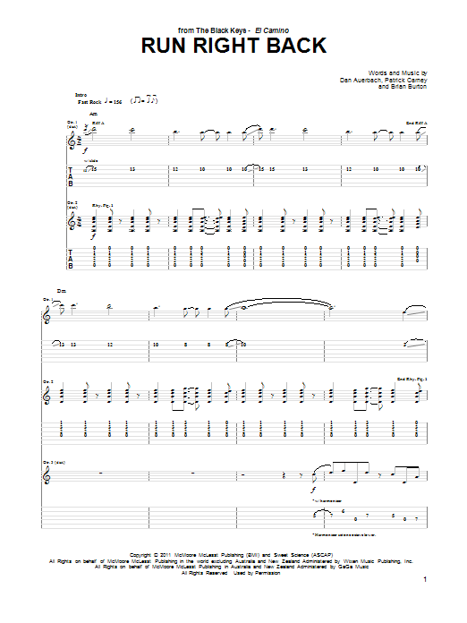 The Black Keys Run Right Back Sheet Music Notes & Chords for Guitar Tab - Download or Print PDF