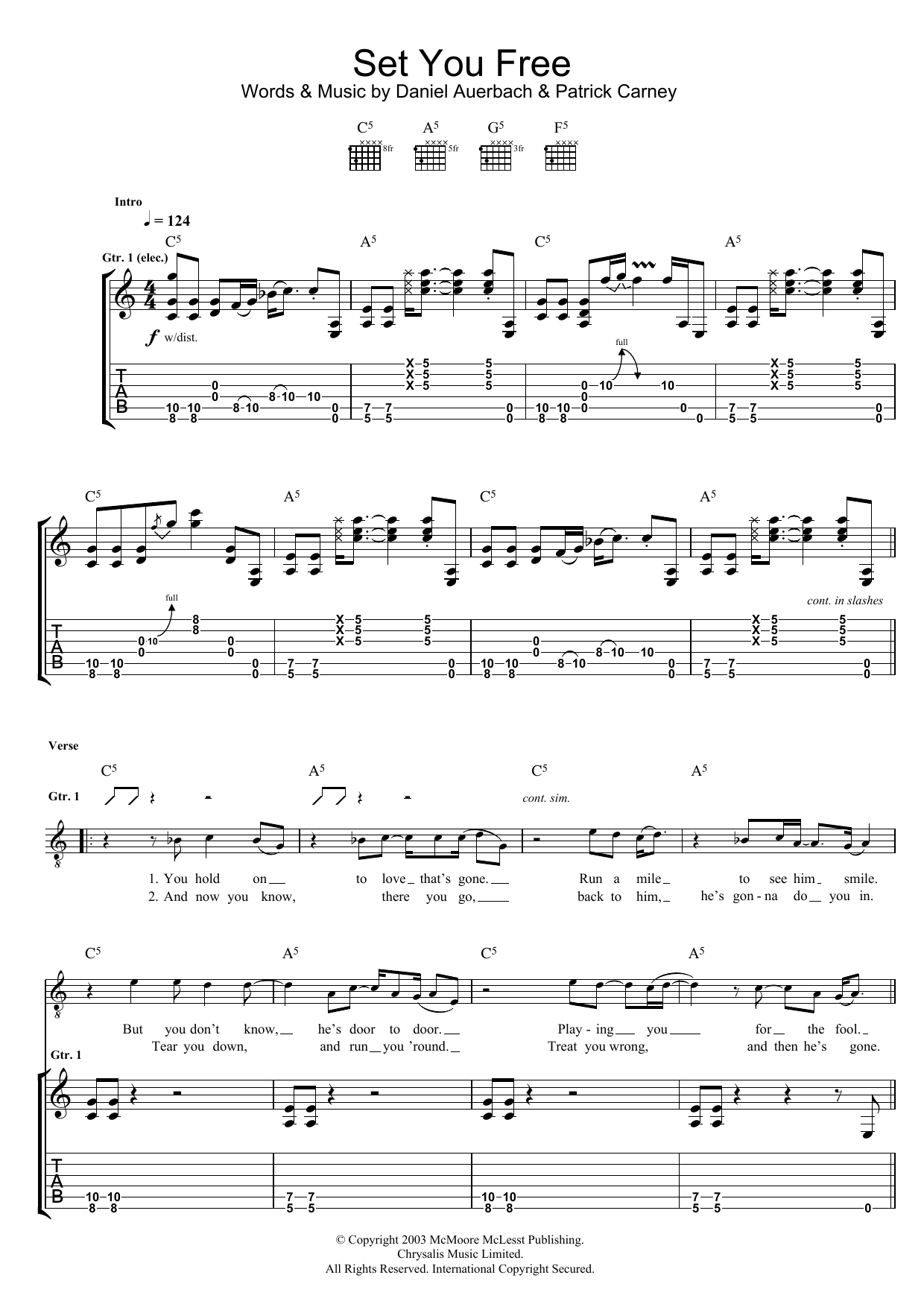 The Black Keys Set You Free Sheet Music Notes & Chords for Piano, Vocal & Guitar (Right-Hand Melody) - Download or Print PDF