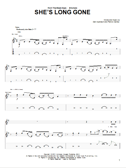 The Black Keys She's Long Gone Sheet Music Notes & Chords for Guitar Tab - Download or Print PDF