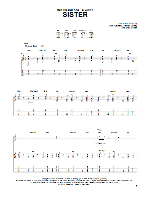 The Black Keys Sister Sheet Music Notes & Chords for Guitar Tab - Download or Print PDF