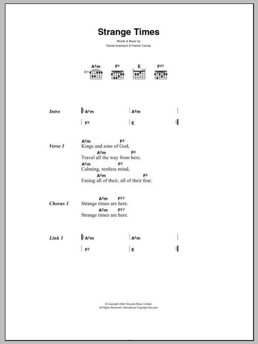 The Black Keys Strange Times Sheet Music Notes & Chords for Piano, Vocal & Guitar (Right-Hand Melody) - Download or Print PDF