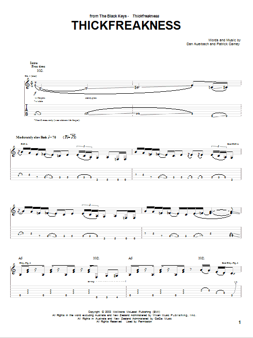 The Black Keys Thickfreakness Sheet Music Notes & Chords for Piano, Vocal & Guitar (Right-Hand Melody) - Download or Print PDF