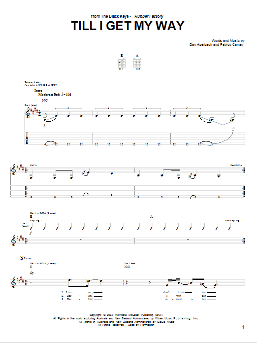 The Black Keys Till I Get My Way Sheet Music Notes & Chords for Piano, Vocal & Guitar (Right-Hand Melody) - Download or Print PDF