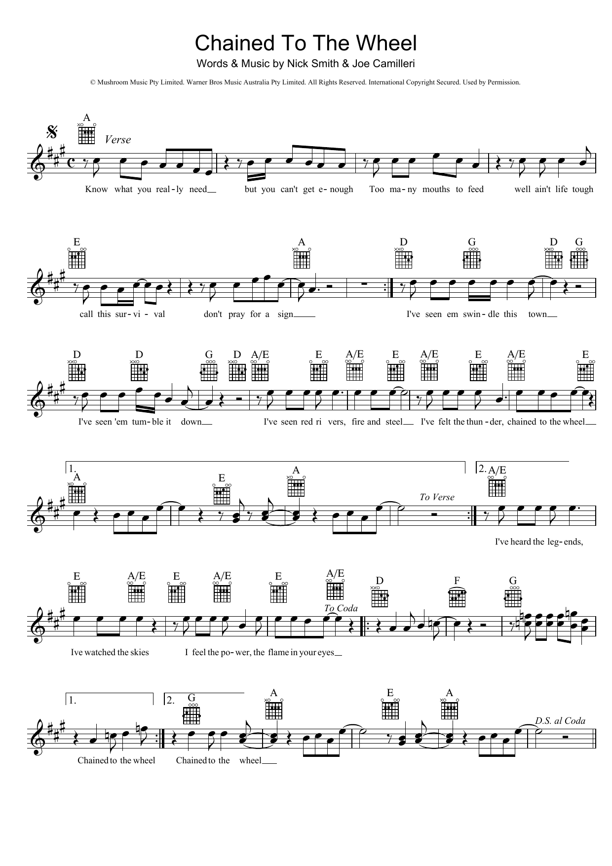 The Black Sorrows Chained To The Wheel Sheet Music Notes & Chords for Melody Line, Lyrics & Chords - Download or Print PDF