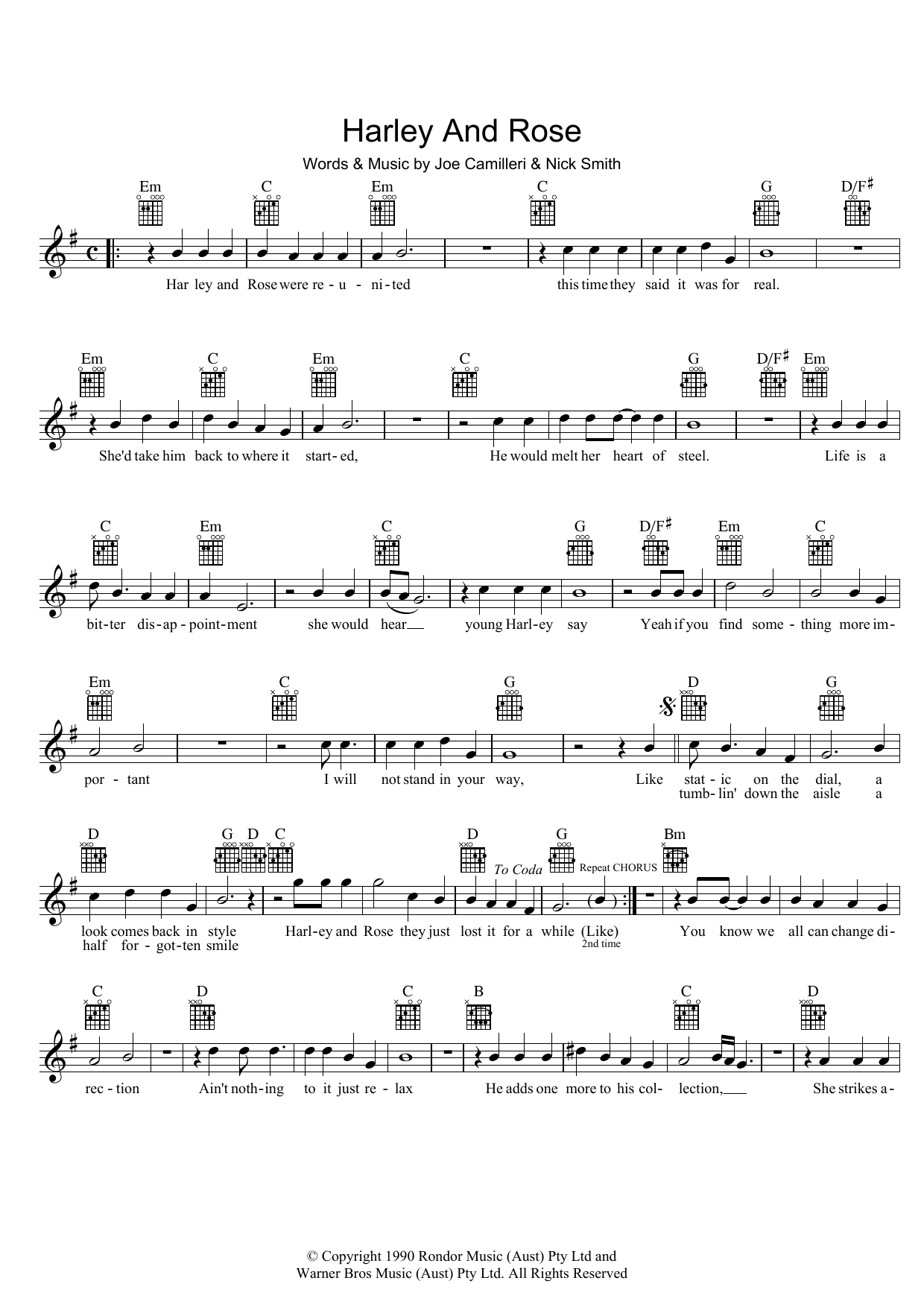 The Black Sorrows Harley And Rose Sheet Music Notes & Chords for Melody Line, Lyrics & Chords - Download or Print PDF