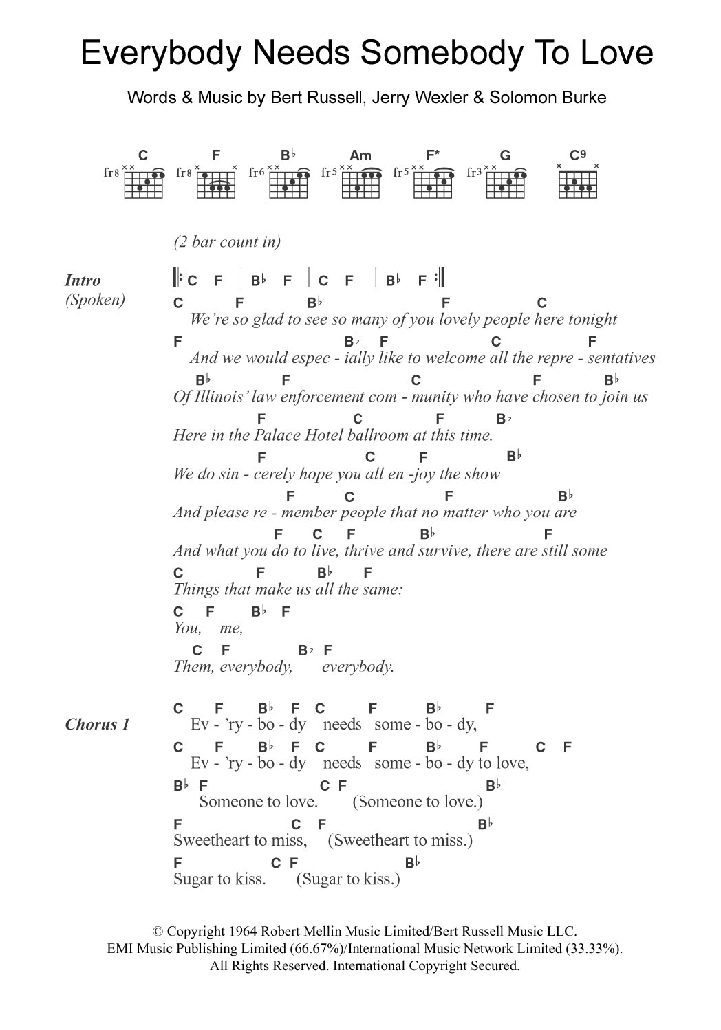 The Blues Brothers Everybody Needs Somebody To Love Sheet Music Notes & Chords for Guitar Chords/Lyrics - Download or Print PDF