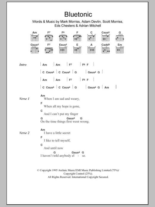 The Bluetones Bluetonic Sheet Music Notes & Chords for Lyrics & Chords - Download or Print PDF