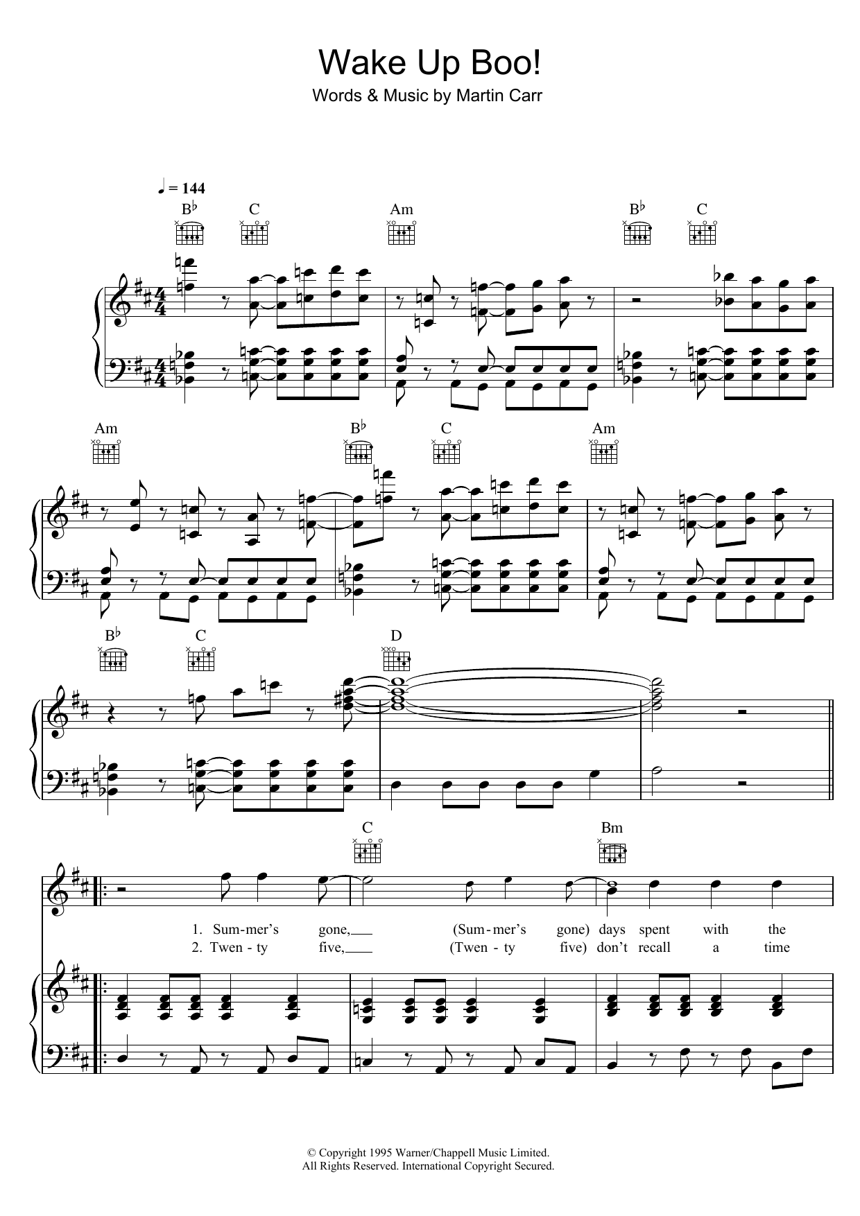 The Boo Radleys Wake Up Boo! Sheet Music Notes & Chords for Piano, Vocal & Guitar - Download or Print PDF