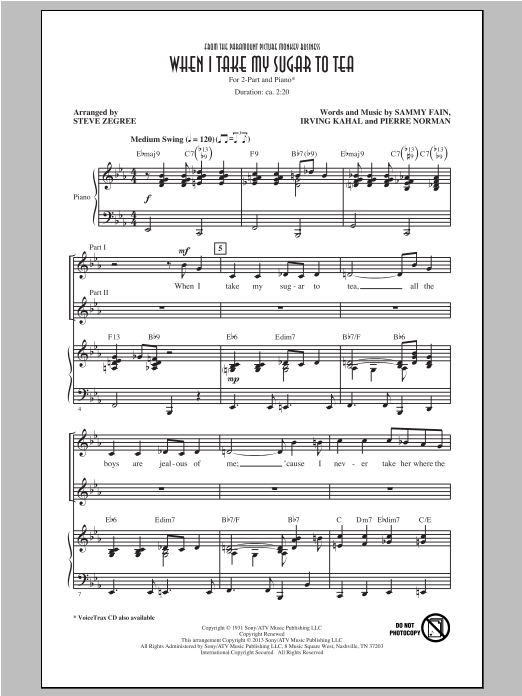 The Boswell Sisters When I Take My Sugar To Tea (from Monkey Business) (arr. Steve Zegree) Sheet Music Notes & Chords for 2-Part Choir - Download or Print PDF