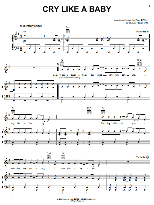 The Box Tops Cry Like A Baby Sheet Music Notes & Chords for Piano, Vocal & Guitar (Right-Hand Melody) - Download or Print PDF