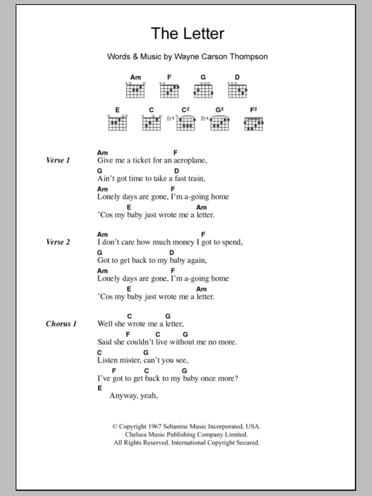 The Box Tops The Letter Sheet Music Notes & Chords for Lyrics & Chords - Download or Print PDF