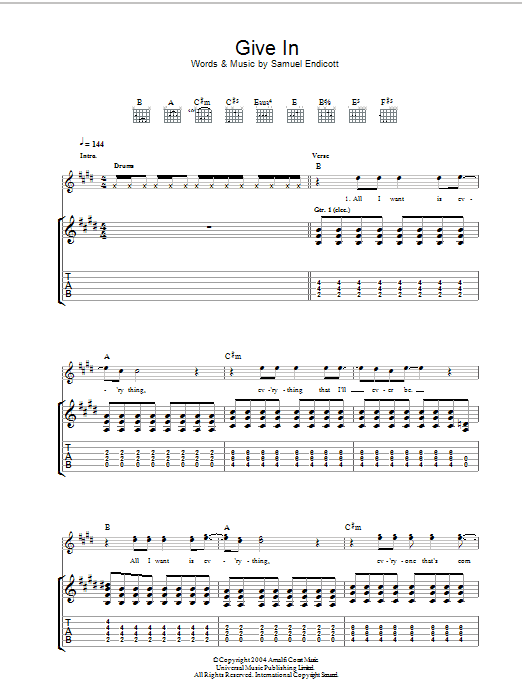 The Bravery Give In Sheet Music Notes & Chords for Guitar Tab - Download or Print PDF
