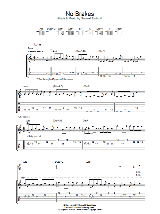 The Bravery No Brakes Sheet Music Notes & Chords for Guitar Tab - Download or Print PDF