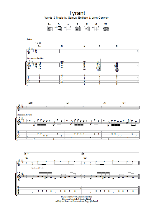 The Bravery Tyrant Sheet Music Notes & Chords for Guitar Tab - Download or Print PDF