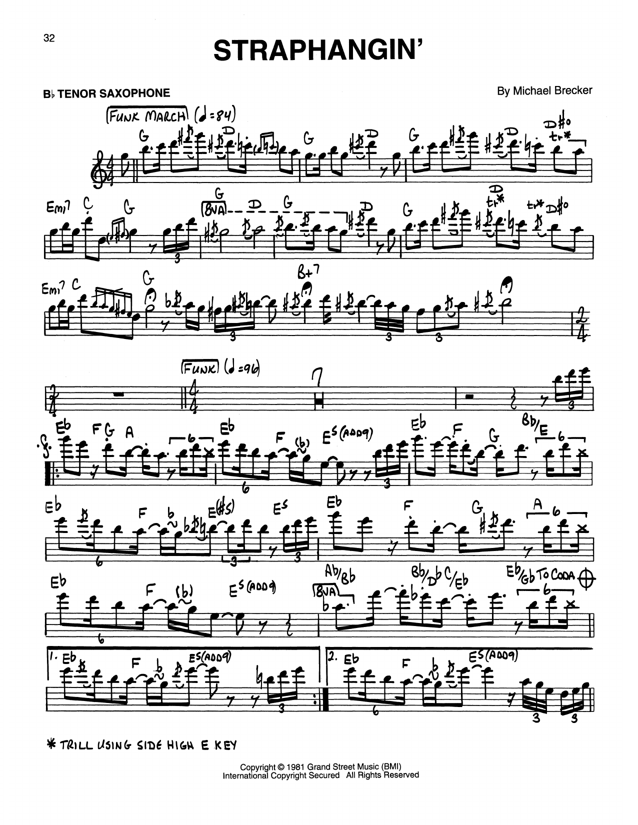 The Brecker Brothers Straphangin' Sheet Music Notes & Chords for Tenor Sax Transcription - Download or Print PDF