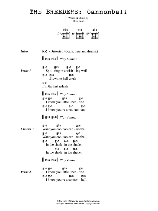 The Breeders Cannonball Sheet Music Notes & Chords for Lyrics & Chords - Download or Print PDF