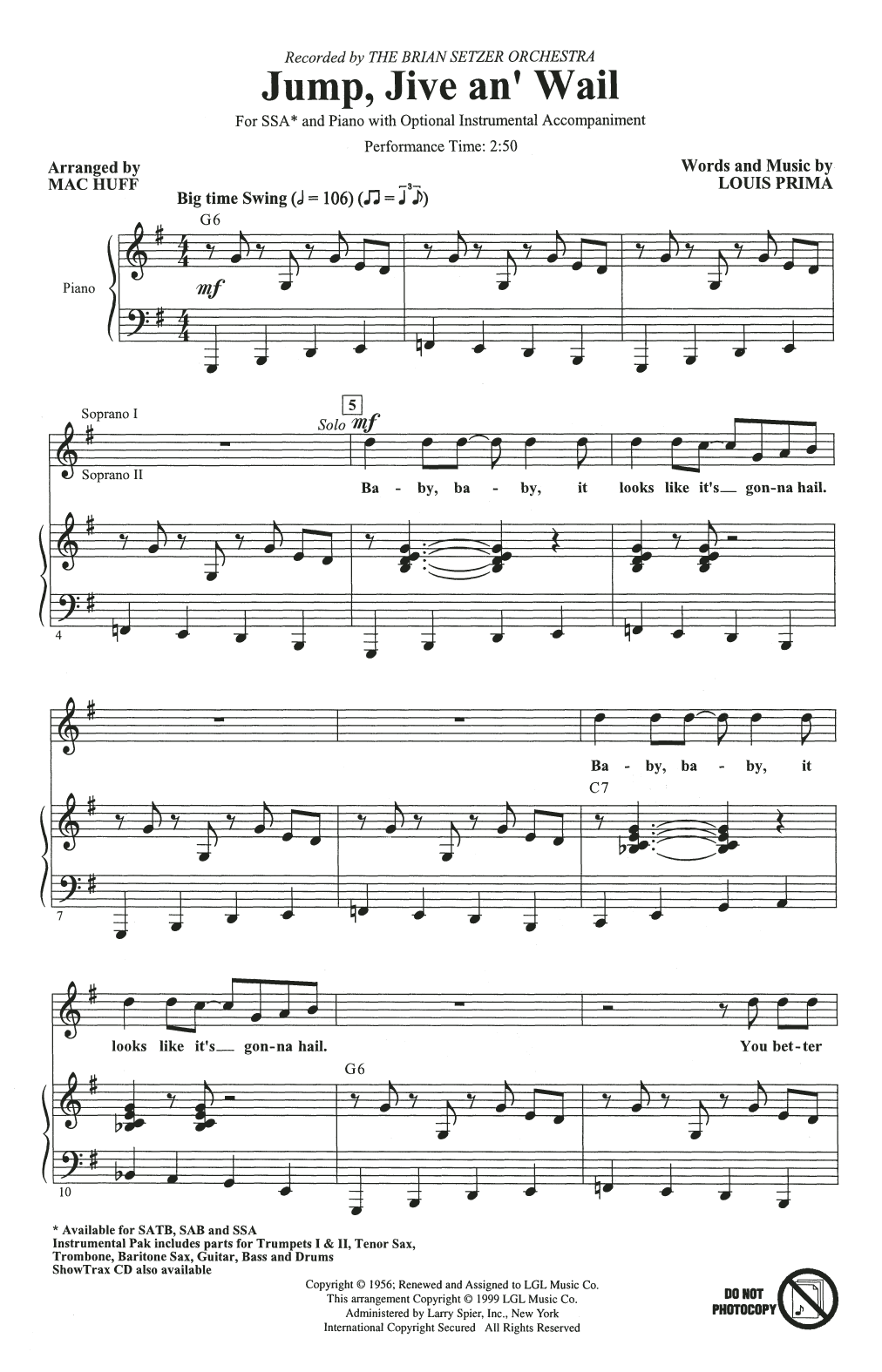 The Brian Setzer Orchestra Jump, Jive An' Wail (arr. Mac Huff) Sheet Music Notes & Chords for SSA Choir - Download or Print PDF