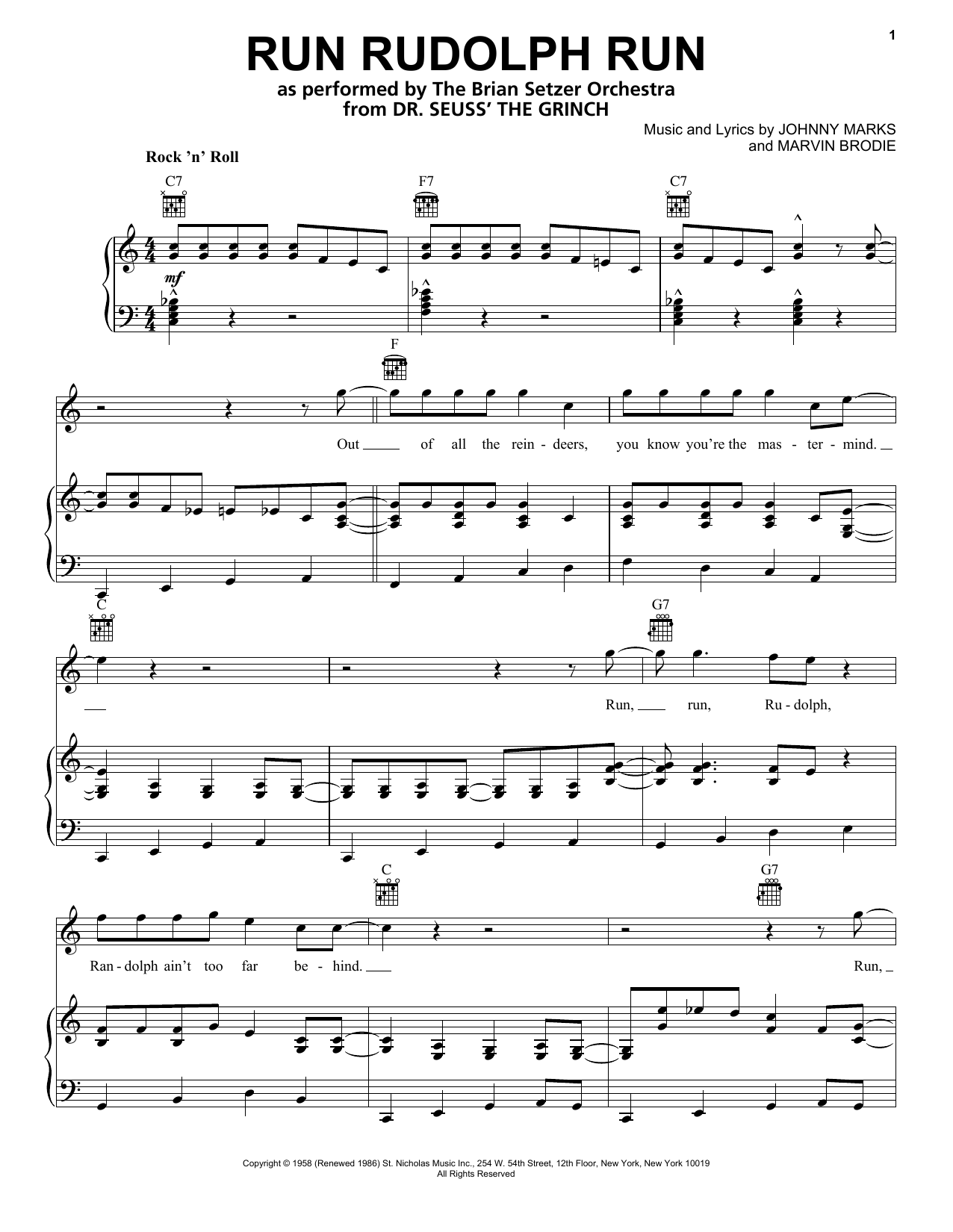 The Brian Setzer Orchestra Run Rudolph Run (from The Grinch) Sheet Music Notes & Chords for Piano, Vocal & Guitar (Right-Hand Melody) - Download or Print PDF