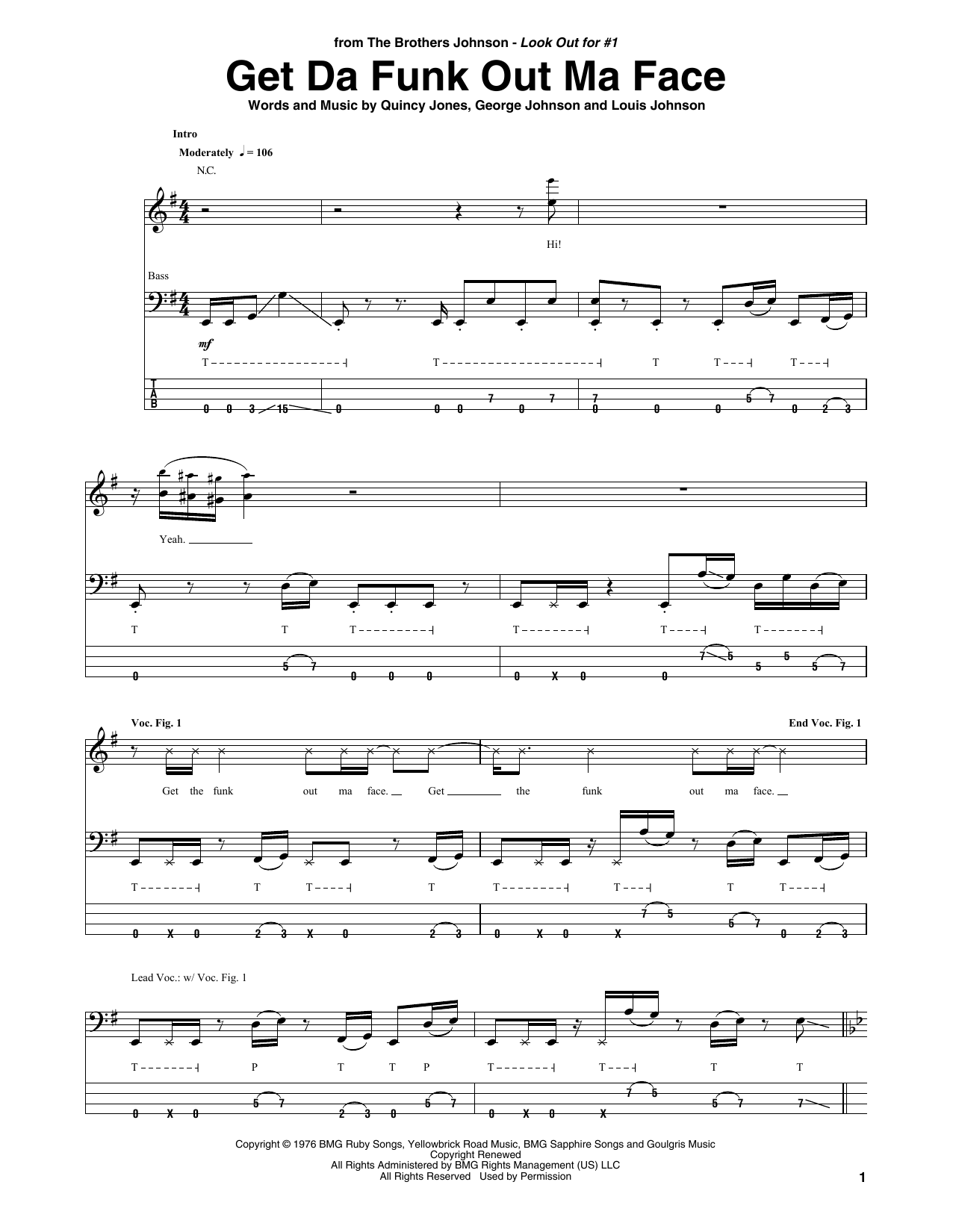The Brothers Johnson Get Da Funk Out Ma Face Sheet Music Notes & Chords for Bass Guitar Tab - Download or Print PDF