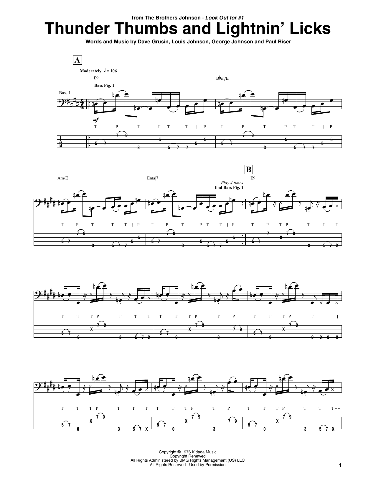 The Brothers Johnson Thunder Thumbs And Lightnin' Licks Sheet Music Notes & Chords for Bass Guitar Tab - Download or Print PDF