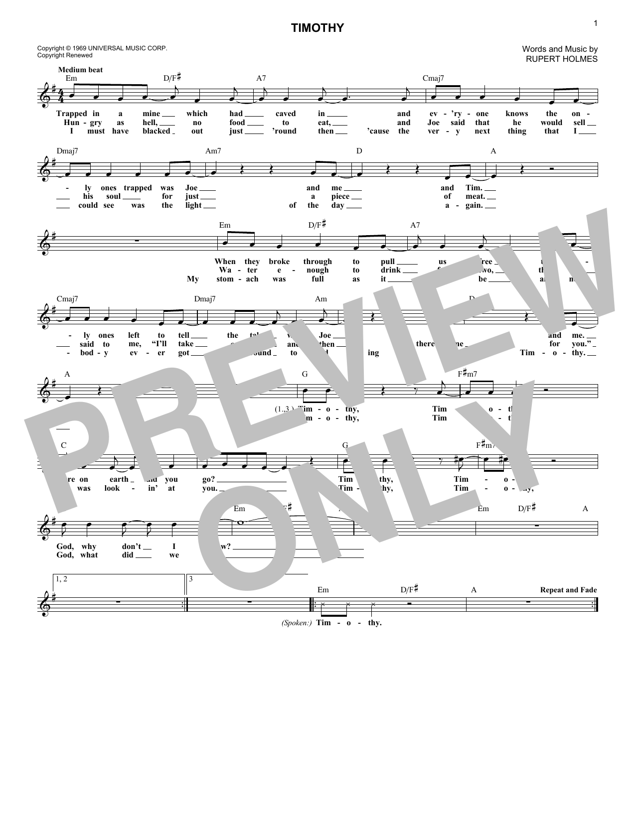 The Buoys Timothy Sheet Music Notes & Chords for Piano, Vocal & Guitar Chords (Right-Hand Melody) - Download or Print PDF