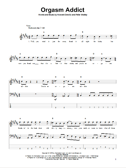 The Buzzcocks Orgasm Addict Sheet Music Notes & Chords for Bass Guitar Tab - Download or Print PDF