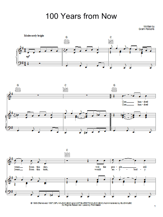 Gram Parsons 100 Years From Now Sheet Music Notes & Chords for Piano, Vocal & Guitar (Right-Hand Melody) - Download or Print PDF