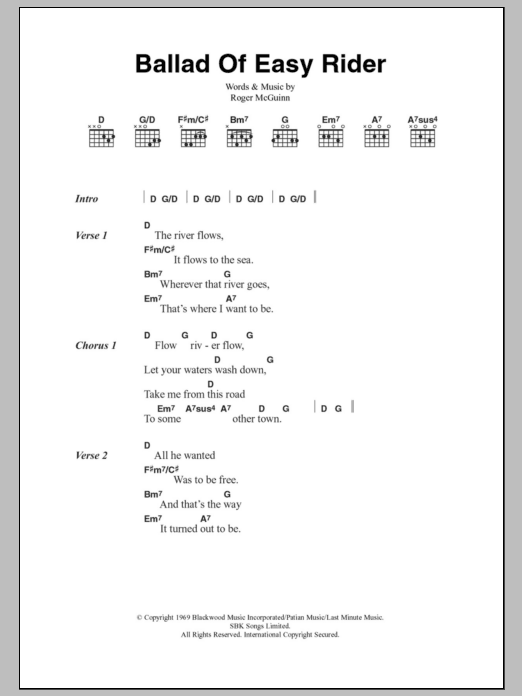 The Byrds Ballad Of Easy Rider Sheet Music Notes & Chords for Lyrics & Chords - Download or Print PDF