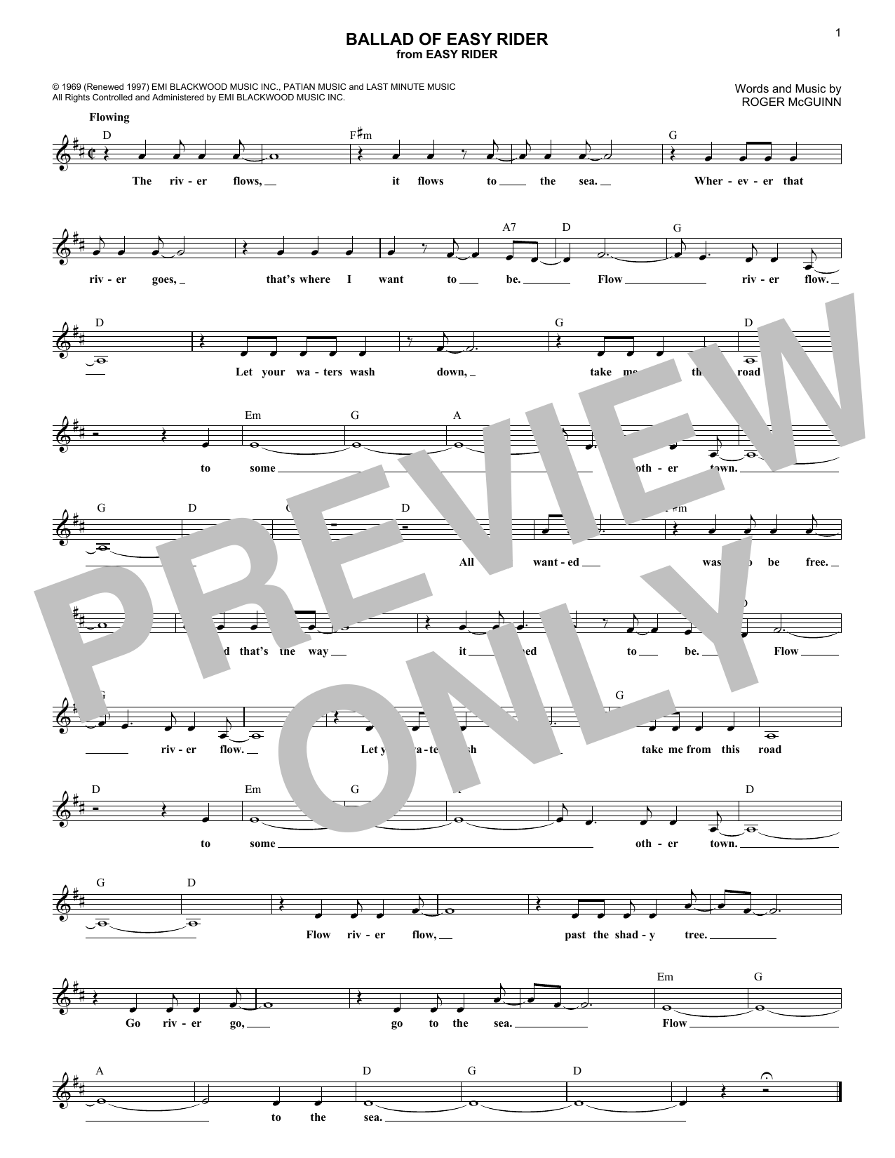 The Byrds Ballad Of Easy Rider Sheet Music Notes & Chords for Melody Line, Lyrics & Chords - Download or Print PDF