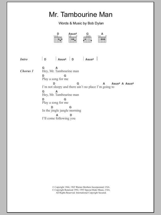 The Byrds Mr. Tambourine Man Sheet Music Notes & Chords for Lyrics & Chords - Download or Print PDF