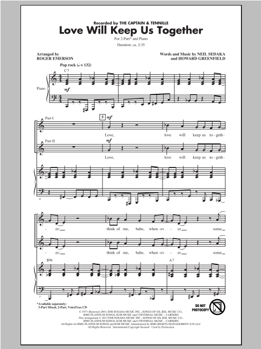 The Captain & Tennille Love Will Keep Us Together (arr. Roger Emerson) Sheet Music Notes & Chords for 2-Part Choir - Download or Print PDF