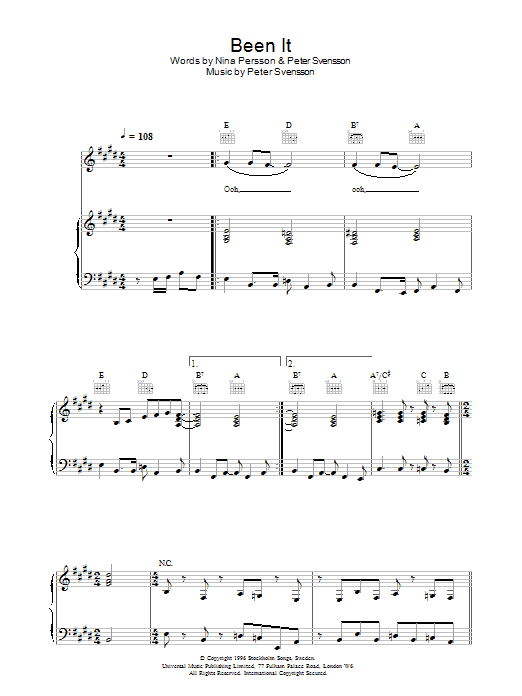 The Cardigans Been It Sheet Music Notes & Chords for Piano, Vocal & Guitar - Download or Print PDF