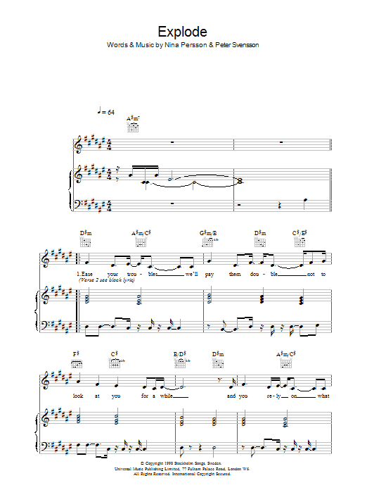 The Cardigans Explode Sheet Music Notes & Chords for Piano, Vocal & Guitar - Download or Print PDF