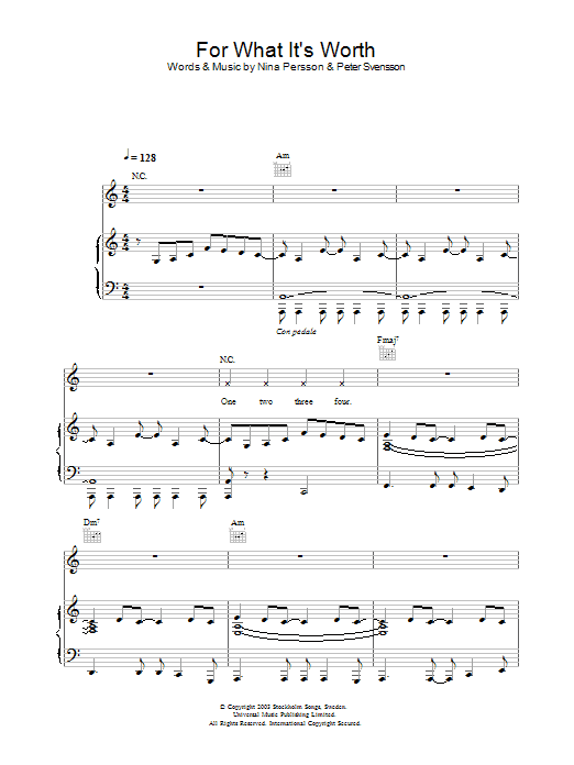 The Cardigans For What It's Worth Sheet Music Notes & Chords for Piano, Vocal & Guitar - Download or Print PDF