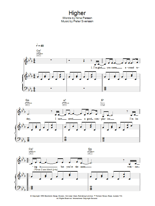 The Cardigans Higher Sheet Music Notes & Chords for Piano, Vocal & Guitar - Download or Print PDF