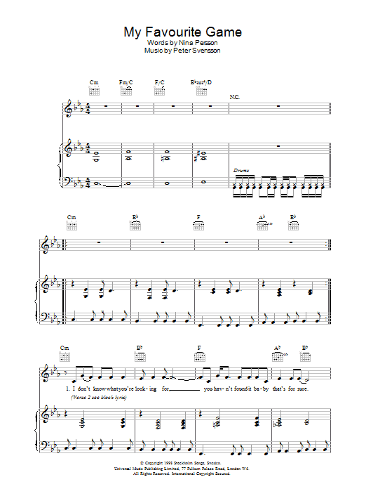 The Cardigans My Favourite Game Sheet Music Notes & Chords for Piano, Vocal & Guitar - Download or Print PDF