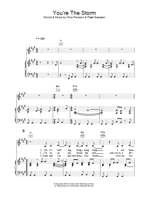 The Cardigans You're The Storm Sheet Music Notes & Chords for Piano, Vocal & Guitar - Download or Print PDF