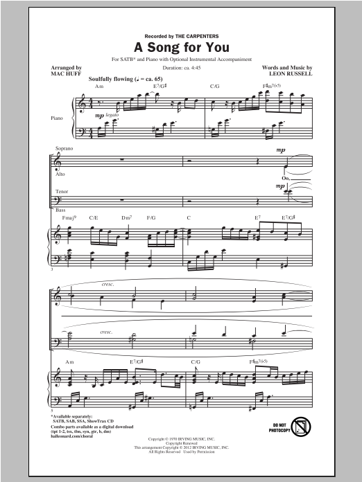 The Carpenters A Song For You (arr. Mac Huff) Sheet Music Notes & Chords for SATB - Download or Print PDF