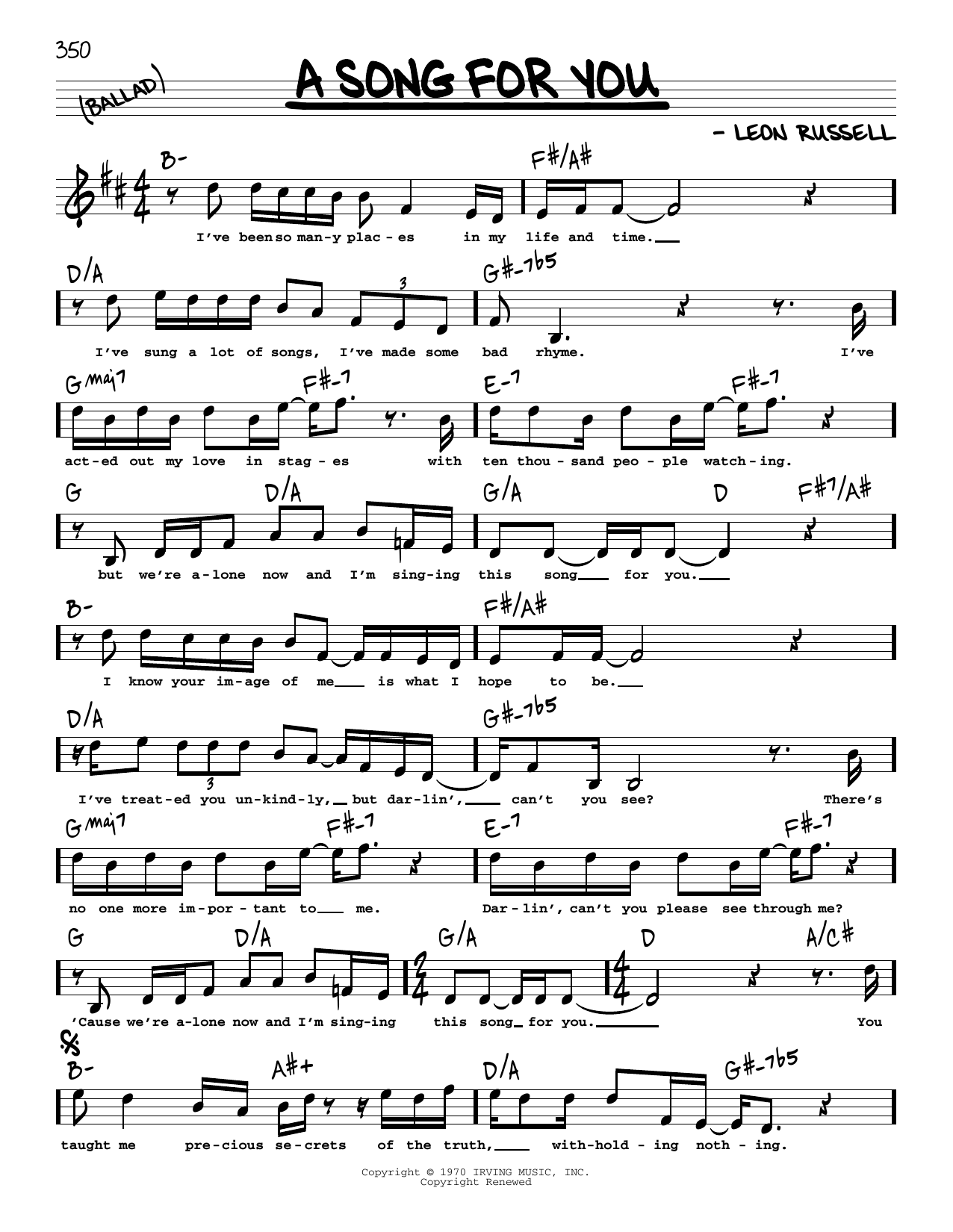 The Carpenters A Song For You (High Voice) Sheet Music Notes & Chords for Real Book – Melody, Lyrics & Chords - Download or Print PDF