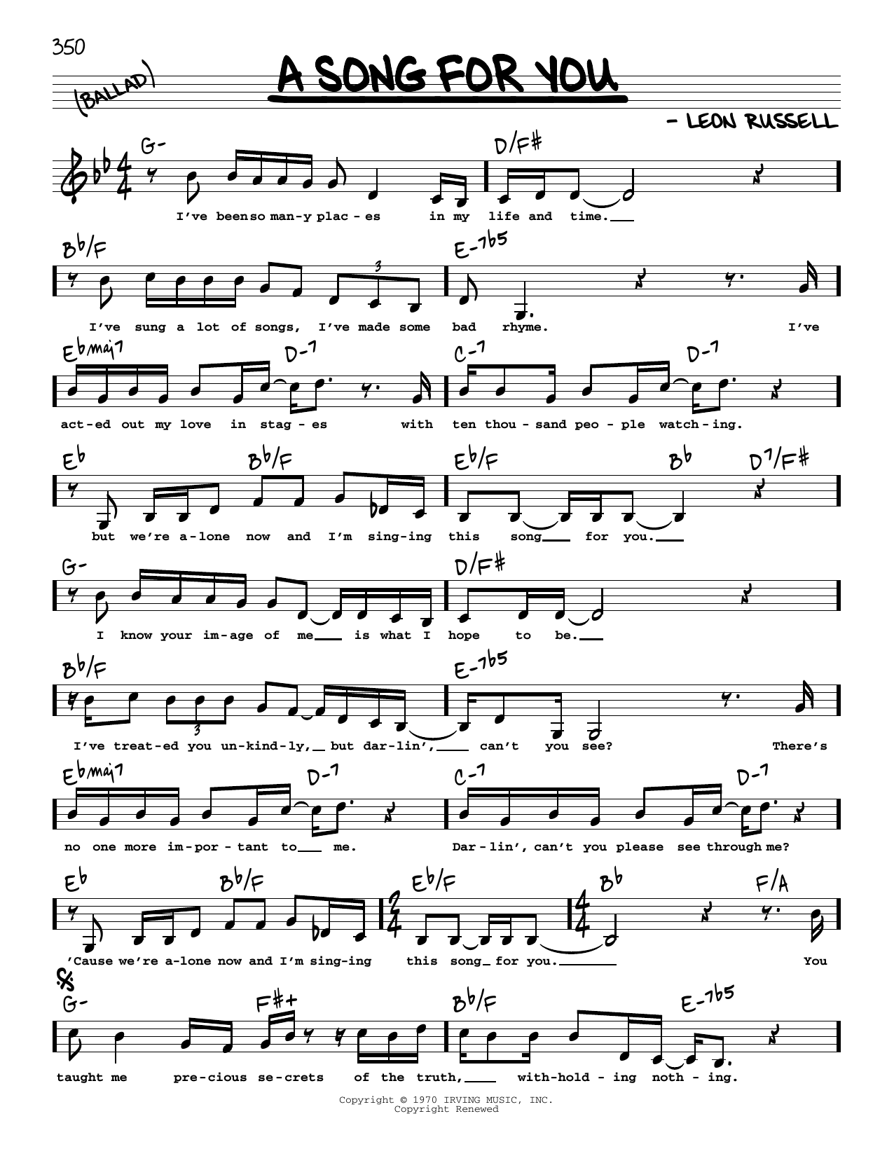 The Carpenters A Song For You (Low Voice) Sheet Music Notes & Chords for Real Book – Melody, Lyrics & Chords - Download or Print PDF