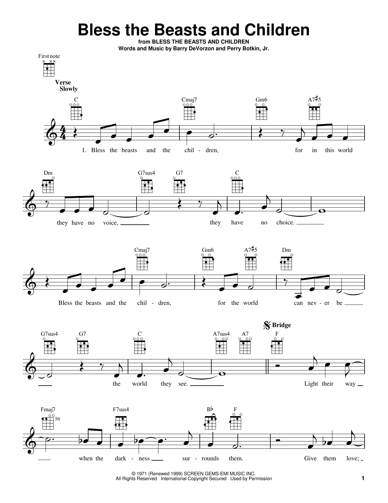 Carpenters Bless The Beasts And Children Sheet Music Notes & Chords for Ukulele - Download or Print PDF