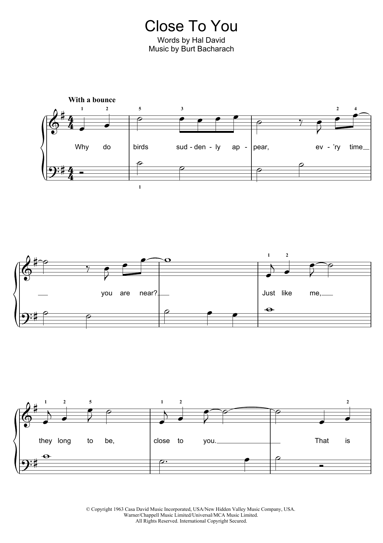 Carpenters (They Long To Be) Close To You Sheet Music Notes & Chords for Beginner Piano - Download or Print PDF
